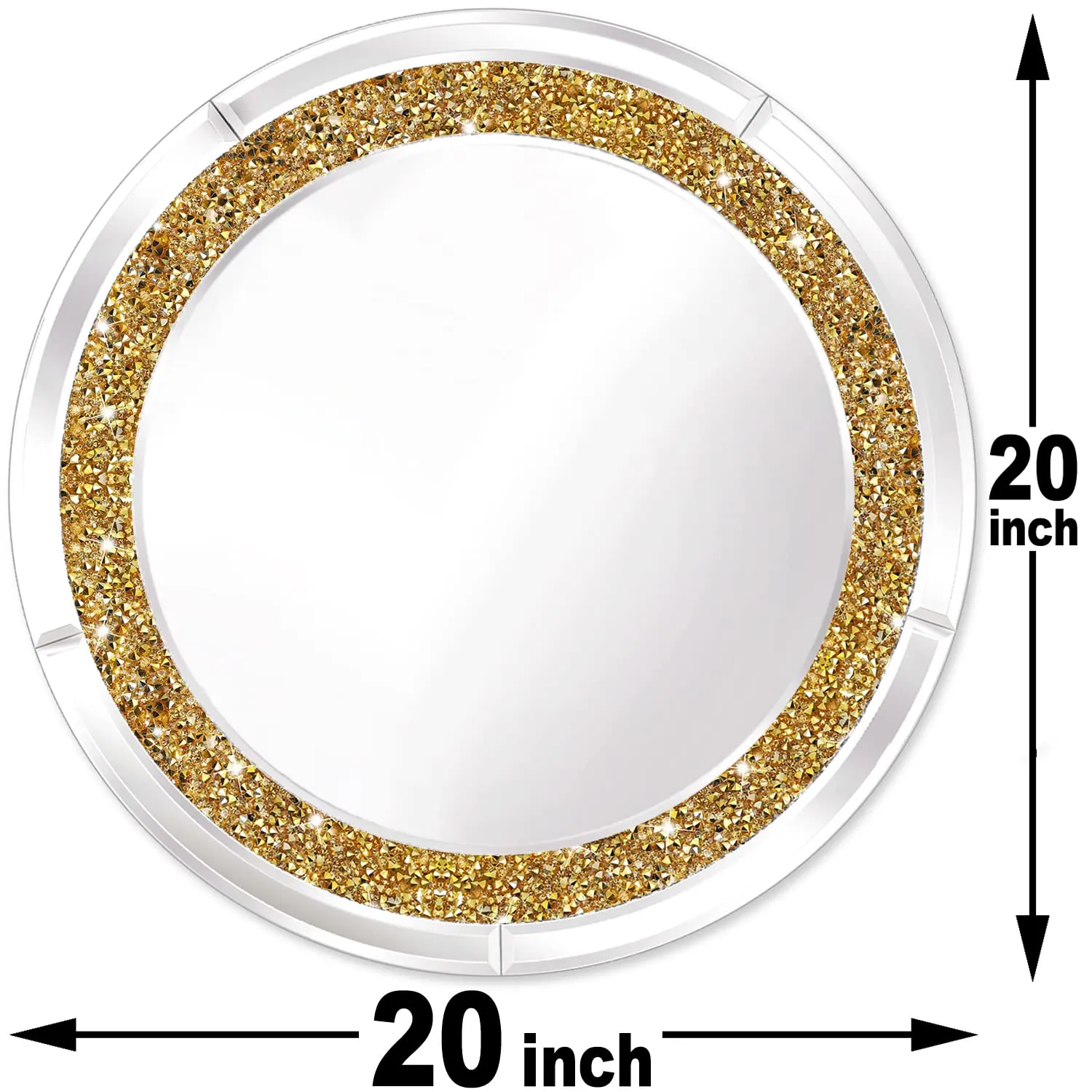 ZOLAPI Round Crystal Rhinestone Diamond Wall Mirror.Brilliant Hand-spliced Glass Mirror.Gold Accent Decorative Mirror for Hallway/Bathroom/Bedroom（20”x20”）