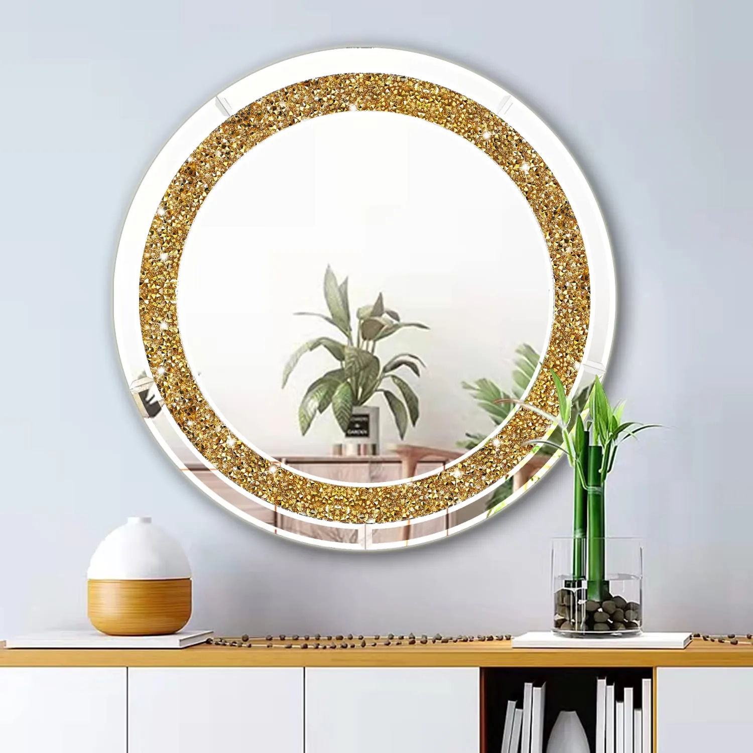 ZOLAPI Round Crystal Rhinestone Diamond Wall Mirror.Brilliant Hand-spliced Glass Mirror.Gold Accent Decorative Mirror for Hallway/Bathroom/Bedroom（20”x20”）